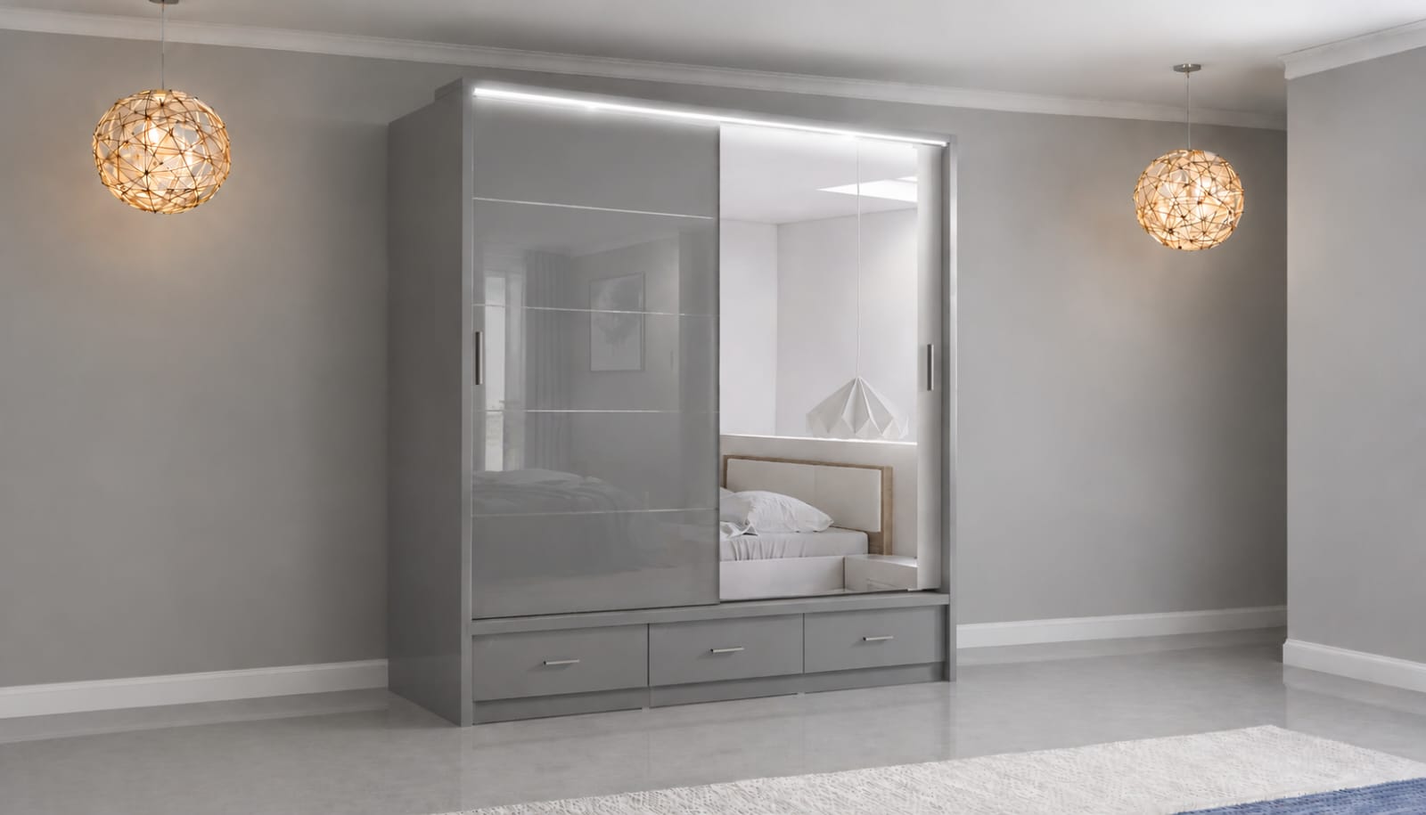 Flavia Premium High Gloss Sliding Door Wardrobe with Mirrors LED Lighting, Drawers, and Smart Storage – 150cm, 205cm & 256cm Options