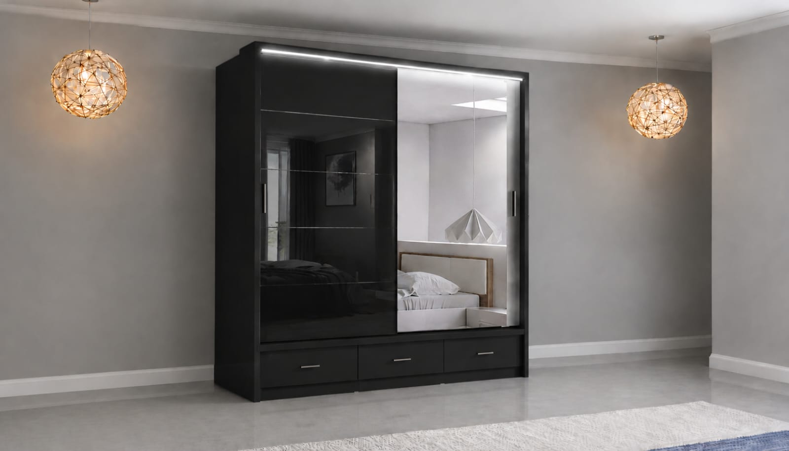 Flavia Premium High Gloss Sliding Door Wardrobe with Mirrors LED Lighting, Drawers, and Smart Storage – 150cm, 205cm & 256cm Options