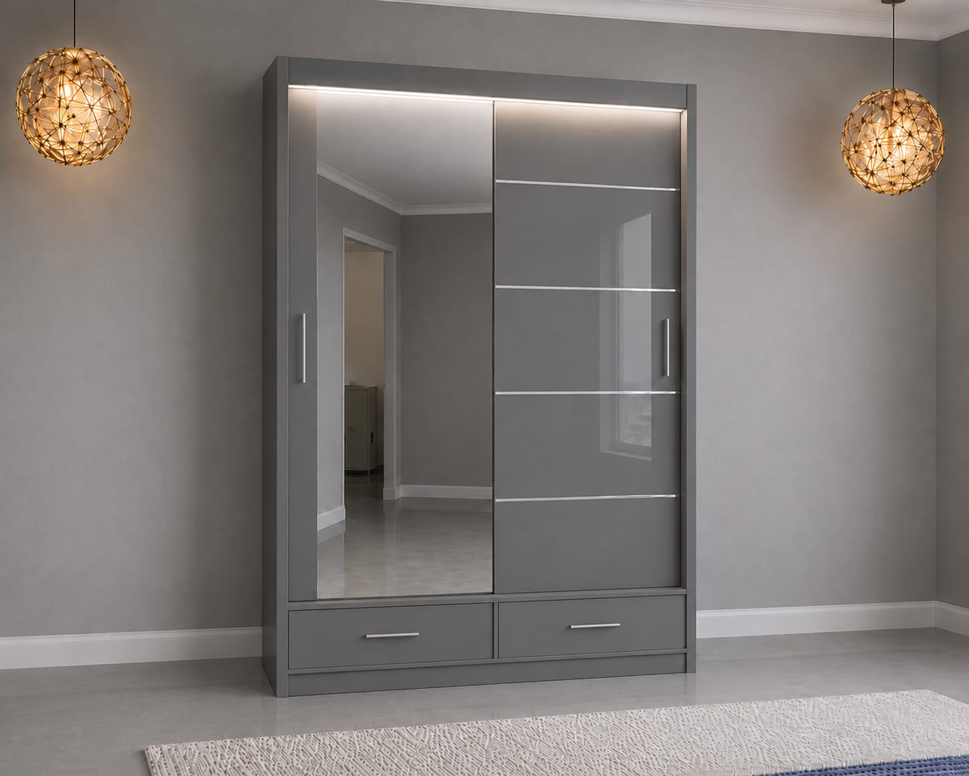 Flavia Premium High Gloss Sliding Door Wardrobe with Mirrors LED Lighting, Drawers, and Smart Storage – 150cm, 205cm & 256cm Options