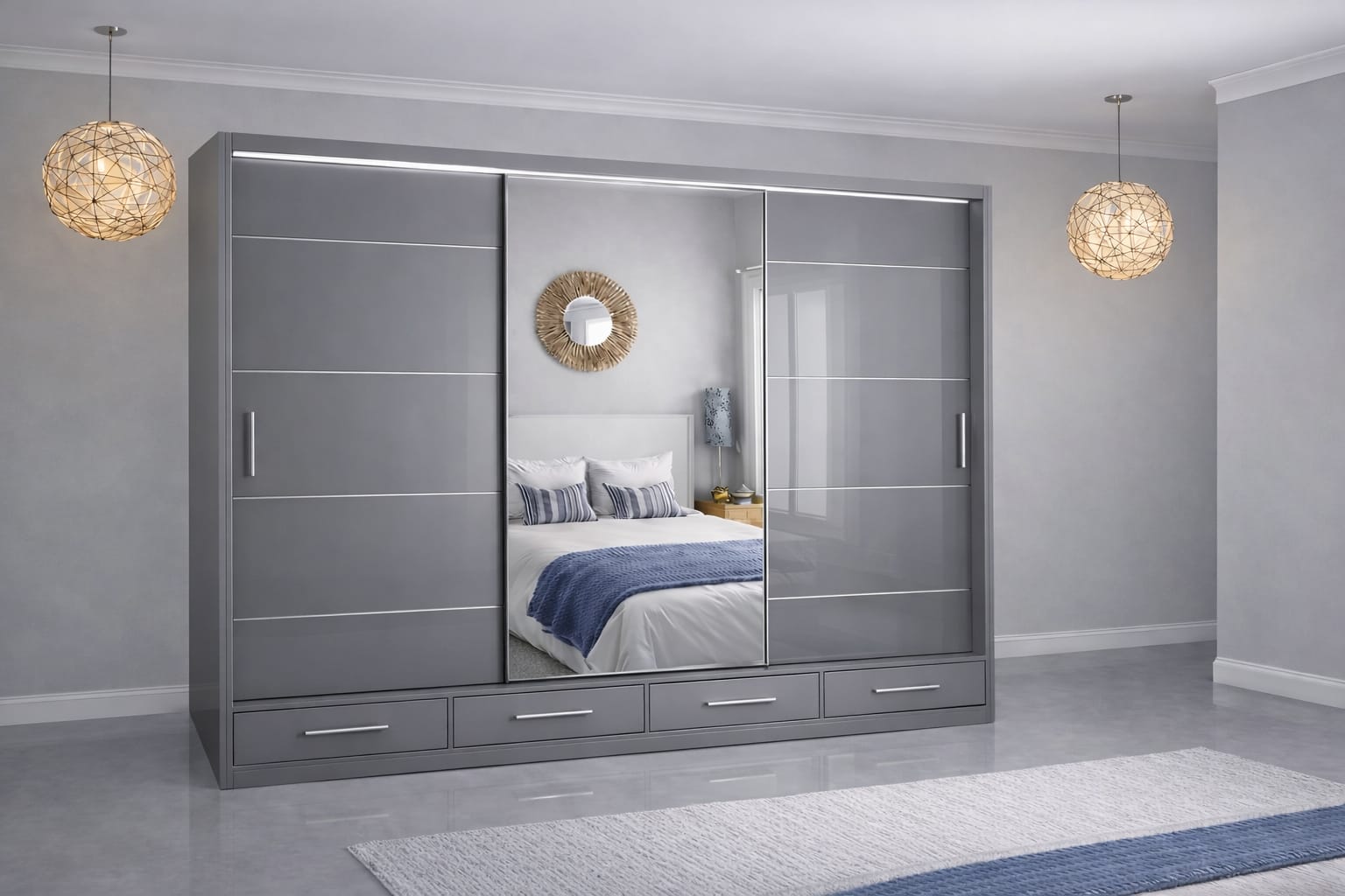 Flavia Premium High Gloss Sliding Door Wardrobe with Mirrors LED Lighting, Drawers, and Smart Storage – 150cm, 205cm & 256cm Options
