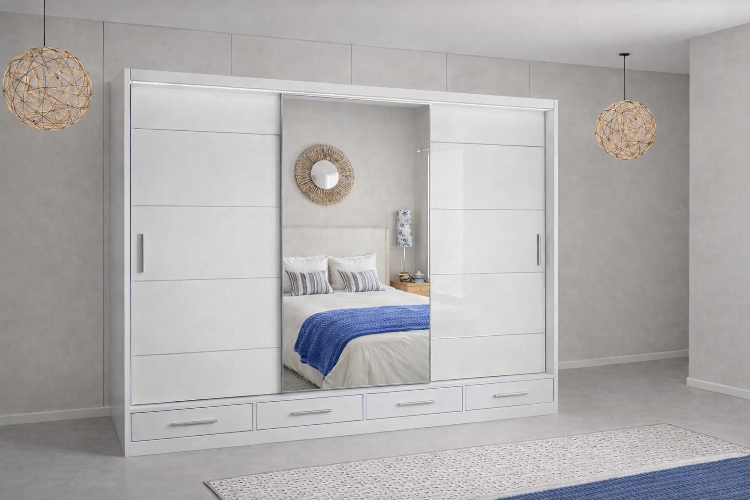 Flavia Premium High Gloss Sliding Door Wardrobe with Mirrors LED Lighting, Drawers, and Smart Storage – 150cm, 205cm & 256cm Options