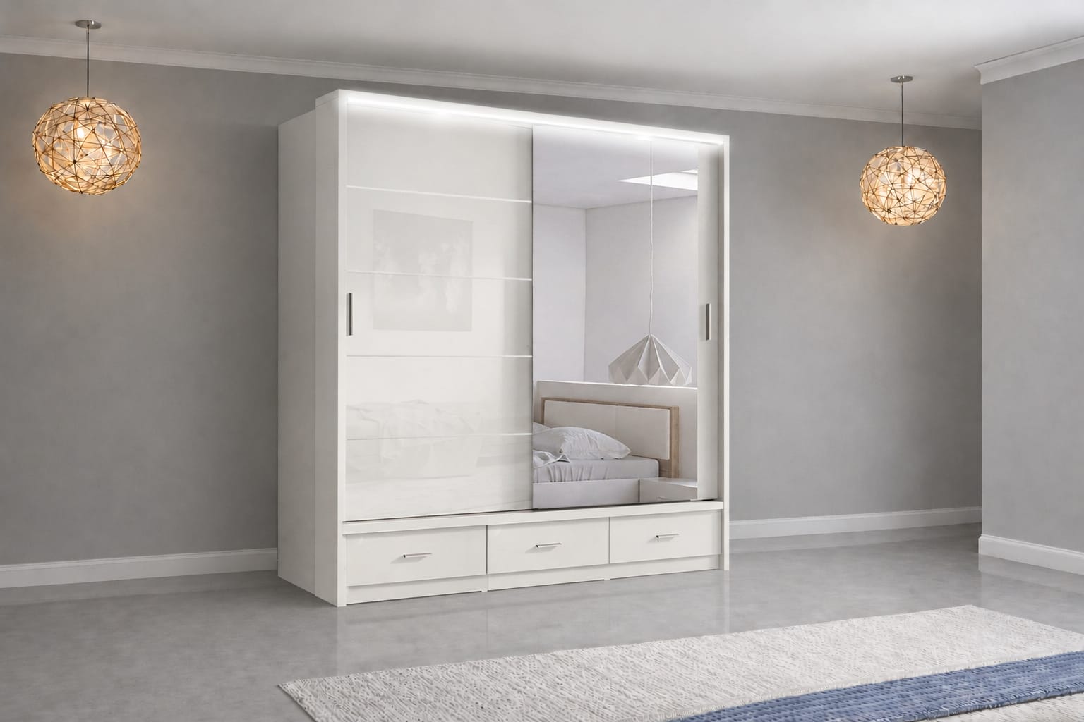 Flavia Premium High Gloss Sliding Door Wardrobe with Mirrors LED Lighting, Drawers, and Smart Storage – 150cm, 205cm & 256cm Options